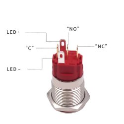 QITA Rugged Metal Pushbutton with Red LED Ring - 16mm Red Momentary