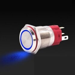 Rugged Metal Pushbutton with Blue LED Ring - 16mm Blue...