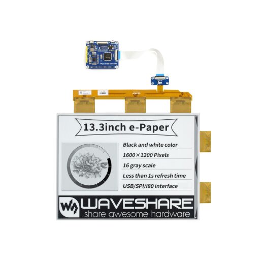 WaveShare 13.3inch e-Paper e-Ink Display HAT For Raspberry Pi, 1600×1200, Black / White, 16 Grey Scales, USB / SPI / I80