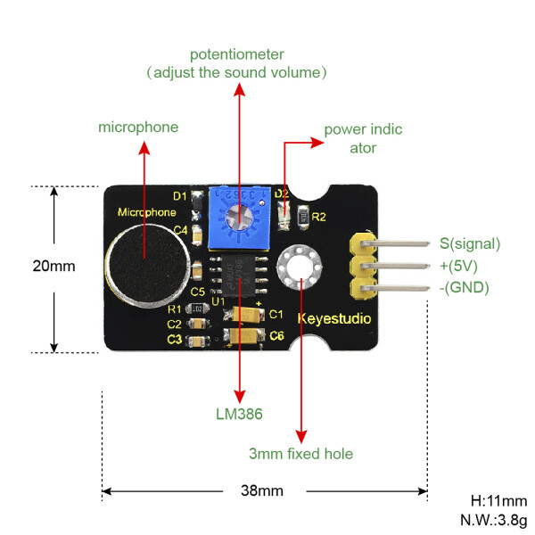 Keyestudio Analog Sound Noise Microphone Sensor Detection Module Comp ...