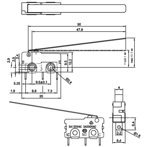 Pololu Snap-Action Switch with 50mm Lever: 3-Pin, SPDT, 5A